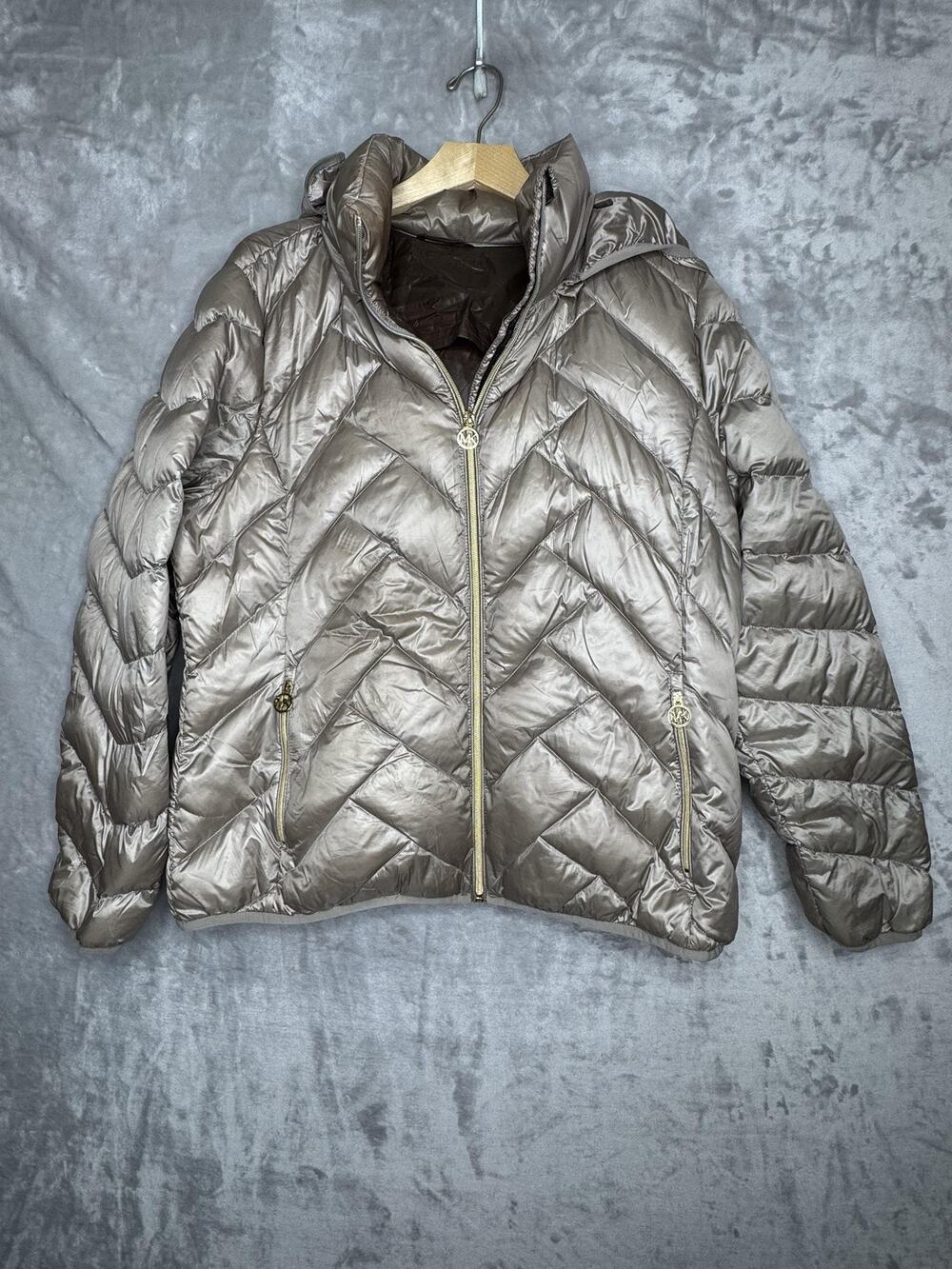 MICHAEL Michael Kors Jacket Womens XL Beige Packable Down Hooded Puffer